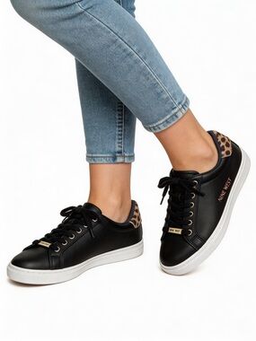 NINE WEST WNBEST3 Animal Print Sneaker Black 5 rubber shoe laces low top leopard
